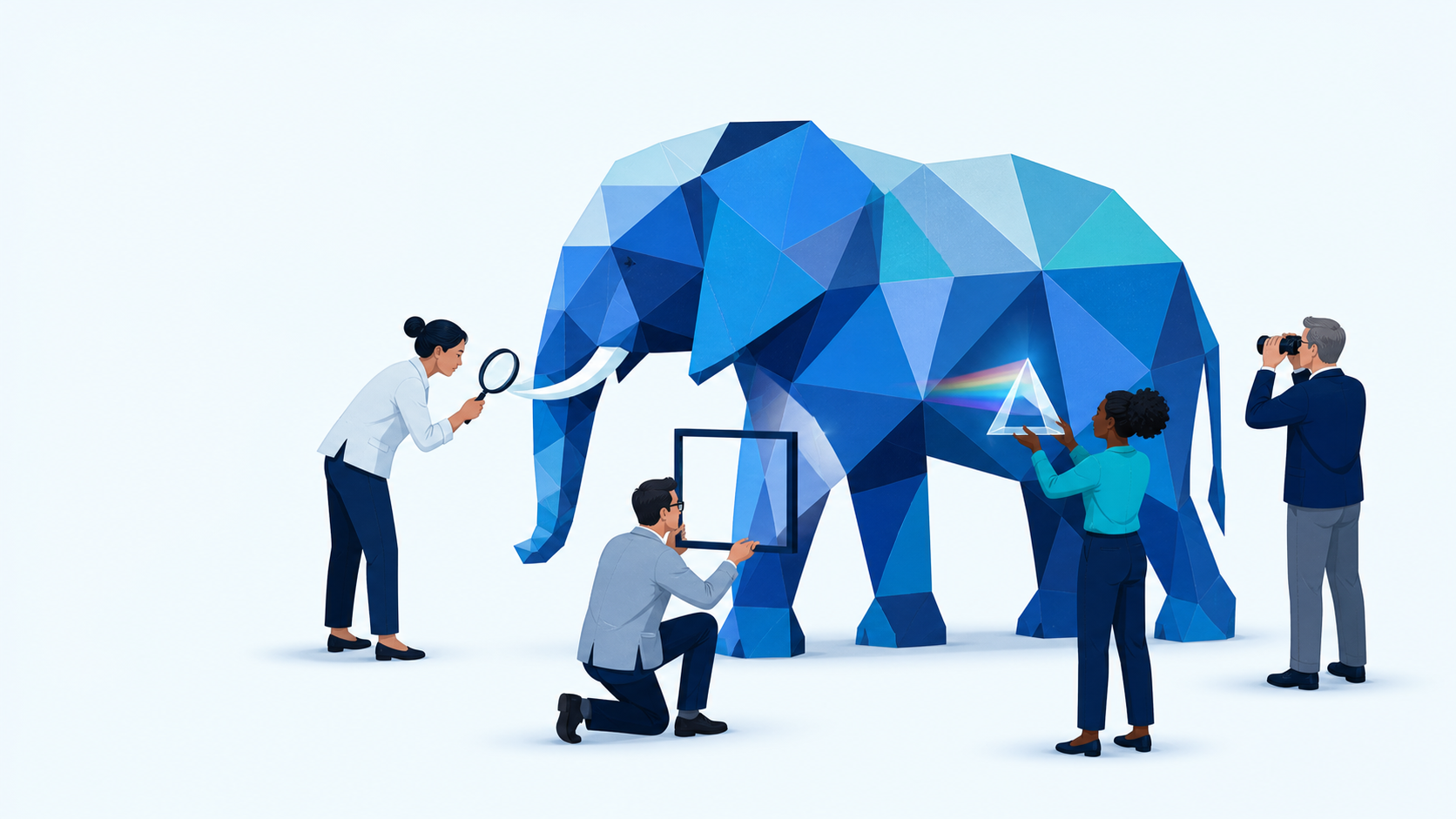Quatro pessoas observam diferentes partes de um elefante azul, representando múltiplas perspectivas